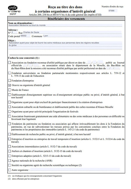 Reçu fiscal émis par Soirée Sympa